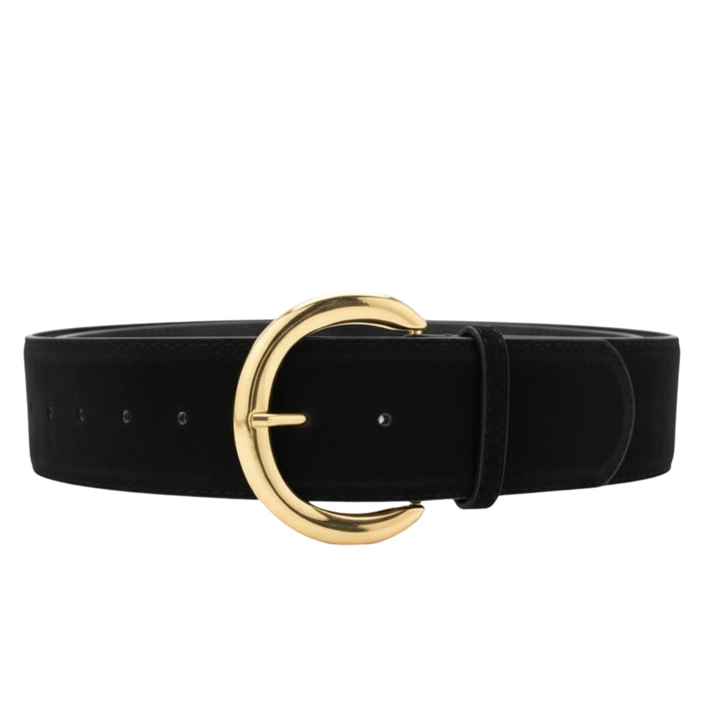 A. BROD Black pvc coated cow Leather Belt with Gold Crescent Buckle Size Medium